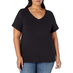 Camiseta Personalizada de Talla Grande para Mujer, Cuello en V, Manga Corta, Color Negro Sólido, Algodón, Estilo Casual, Corte Regular, Tela Jersey - Product Image 1