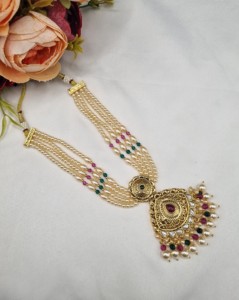 Traditional Multi Layer <b>Pearl</b> Strand <b>Necklace</b> <b>Set</b> With Matching Earrings & Mangtika Wedding Ethnic Wear Jewellery <b>Set</b> Wholesaler - Product Image 2