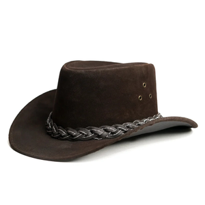 <b>Western</b> Leather Cowboy <b>Hat</b> Brown Braided Band Unisex Adult 56-58CM Casual Outdoor Style - Product Image 1