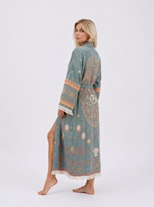 Women's Elegant Floral Design Cotton <b>Kimono</b> Robe <b>Long</b> <b>Sleeve</b> Dressing Gown Elastic Waist Unique Organic Cotton Summer Nightwear - Product Image 4