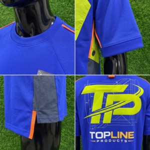 T-shirt homme Topline Products bleu à manches courtes avec logo jaune fluo imprimé au dos, coupe classique, vêtement décontracté, haute qualité - Product Image 3