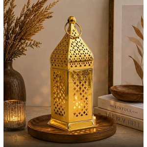 Lanterne cylindrique vintage en métal avec découpe géométrique en forme de croissant de lune, porte-bougie pour la décoration de la maison lors du Ramadan et de l'Aïd - Product Image 1