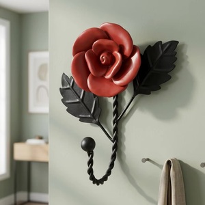 Vintage Metal Rose Flower Wall <b>Hook</b> With <b>Black</b> Leaves And Twisted Stem For Clothing Storage - Product Image 3