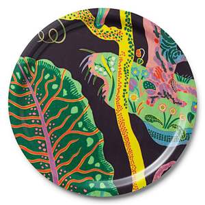 Plateau décoratif en métal artisanal, imprimé feuilles tropicales, rond, pour servir des en-cas, coloré et artistique, pour la décoration de la cuisine - Product Image 1