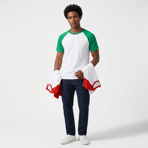 T-shirt à manches raglan pour homme, blanc avec bordure contrastée verte et rouge, coupe classique, col rond, décontracté, couleur unie, jersey tricoté, 100% coton - Product Image 6