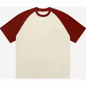 T-shirt à manches raglan crème et rouge pour homme, col rond, coupe classique, en coton tricoté, style décontracté - Product Image 1