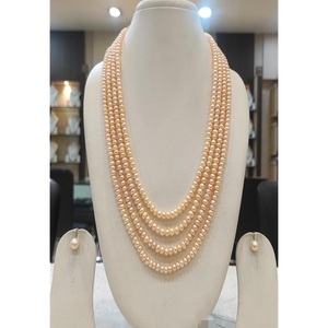 Ensemble collier et boucles d'oreilles Mala en perles véritables de qualité supérieure, quatre rangs, élégant, pour femmes et filles, collection pour mariage - Product Image 1