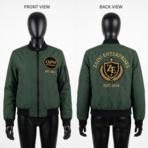 Blouson Bomber d'Hiver pour Femme en Polyester Premium 220 GSM, Satin Vert Aviateur, avec Broderie Chenille Personnalisée et Patch Appliqué Style Universitaire - Product Image 1