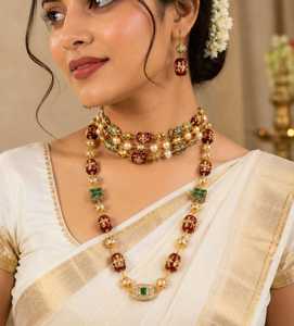 Pearl <b>Necklace</b> and Earring <b>Set</b> for Women & Girls Traditional Layered Rani Haar <b>Silver</b> Plated Brass Wedding Jewelry Party Fashion - Product Image 1