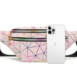 Unisex Pink Geometric Waist Bag With Rainbow Pattern Zipper Closure For Daily Use - Product Image 4