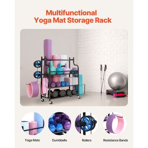 Organizzatore per Attrezzature da Palestra Domestica, Supporto per Tappetini Yoga in Acciaio Verniciato a Polvere con Ganci e Ruote, Scaffale Portaoggetti per Tappetini Yoga - Product Image 2