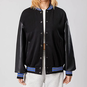 Top Fashion Varsity <b>Jacket</b> With PU <b>Leather</b> Sleeves And Blue Stripe Trim Full Sleeve Chenille Patches Embroidery Wool Letterman - Product Image 1
