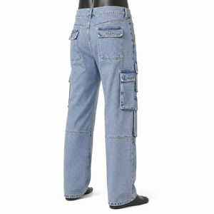 Jeans cargo en denim bleu clair légers et décontractés, sur mesure, de haute qualité, multi-poches, style streetwear pour hommes - Product Image 3