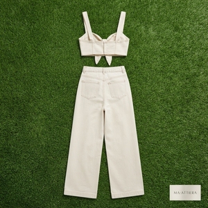 <b>Women</b> Cream Denim Bow <b>Crop</b> Top And Wide Leg <b>Jeans</b> Set Casual Two Piece Matching Outfit Summer Streetwear Fashion - Product Image 5