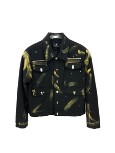 Men's Black Hand Painted Utility <b>Jacket</b> With Gold Strokes Multi Pocket Streetwear <b>Cropped</b> Fit Turn Down Collar - Product Image 1