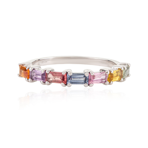 18K Gold Multi Sapphire Prong Set Half Eternity Wedding Band - Product Image 2