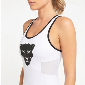 Women <b>White</b> Panther Print Sleeveless Sport Bodysuit Racerback Four-Way Stretch Seamless Jumpsuit Shorts Length One Piece - Product Image 3