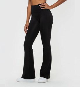 <b>High</b> <b>Waist</b> Flared Leg Yoga <b>Leggings</b> Full Length Solid Black Spandex Nylon Seamless Four-Way Stretch Elastic <b>Waist</b> <b>Flare</b> <b>Leggings</b> - Product Image 1