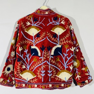 <b>Red</b> <b>Velvet</b> Suzani <b>Jacket</b> • Boho Embroidered Floral Coat • Handmade Festival Wear • Artisan Bohemian Outerwear - Product Image 5