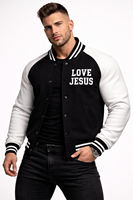 Jaket Varsity Musim Dingin Pria Desain Baru Hitam Putih Bordir LOVE JESUS Kancing Tunggal Tahan Air Berkerudung