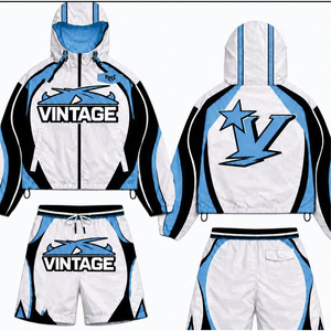 เสื้อแจ็คเก็ตและกางเกงขาสั้นไนลอนสีน้ำเงินสไตล์ Y2K แบบสั่งทำพิเศษสำหรับผู้ชาย พร้อมแผงตัดต่อสีตัดกัน เสื้อแจ็คเก็ตมีฮู้ดสำหรับเล่นกีฬาฤดูร้อนสุดพรีเมียม - Product Image 6