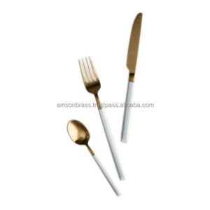 Juego de Cubiertos de Latón de 50 Piezas, Ecológicos, Clásicos, Decorativos, con Mango Blanco, para Mesa, para Fiestas - Product Image 1