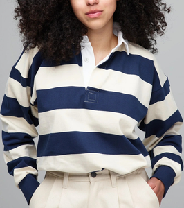 Camisa a Rayas Estilo Rugby Casual para Mujer, Polo Moderno, Sudadera con Botones Frontales, Poliéster/Algodón - Product Image 4