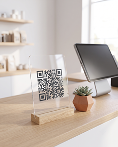 Supports d'affichage de codes QR élégants en acrylique transparent à prix d'usine, base en bois, gravure laser, pour comptoir publicitaire, supermarchés - Product Image 3