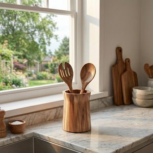 Porte-ustensiles en bois d'acacia moderne, fait main, organisateur d'outils de cuisine pour comptoir et décoration de salle à manger - Product Image 3