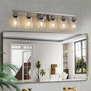 Lampadario Moderno da Bagno da 37 Pollici, 6 Luci, Finitura Nichel Spazzolato con Paralumi in Vetro Trasparente - Product Image 2
