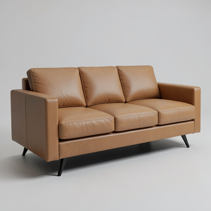 Sofá de Cuero Vacuno Genuino de Estilo Moderno de Mediados de Siglo, Sofá de Cuero Marrón de 3 Plazas, Diseño Minimalista, Estructura de Madera, Decoración de Interiores para el Hogar - Product Image 1