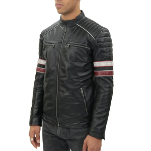 Best Quality <b>Men's</b> Real Sheepskin <b>Leather</b> Biker <b>Jacket</b> with Zipper Bomber Collar Outside Front-Two Pockets Design - Product Image 2