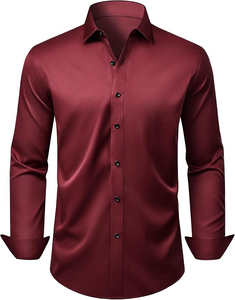 Camisa de Vestir Formal de Manga Larga para Hombre, Color Borgoña, Tela Satinada, Cuello Clásico, Antiarrugas, Manga Larga Tejida - Product Image 1