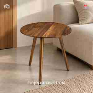 Table d'appoint ronde en teck massif moderne, table d'appoint minimaliste en bois pour appartement, salon, chambre, hôtel - Product Image 1