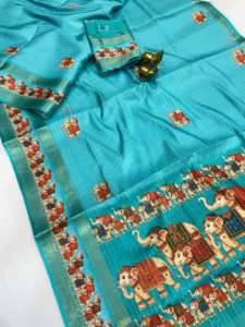 Sari en lin de créateur avec broderie Zari et motif intégral Mina Kalamkari, bordure contrastante, prêt-à-porter, séchage rapide - Product Image 5