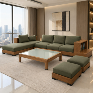 Ensemble de canapé modulable en bois contemporain avec coussins verts, table basse et ottomanes pour appartement, hôtel, salon - Product Image 2