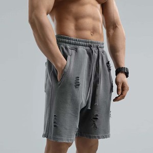 Shorts Bermuda déchirés gris en coton pour homme, taille mi-haute avec cordon de serrage, décontractés, en tissu tricoté respirant avec poches - Product Image 1