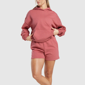 <b>Women's</b> 2 Piece Hooded Sweatshirt <b>Shorts</b> Set Solid Color Regular Fit Casual Fleece <b>Red</b> Winter Waterproof Breathable Anti-Pilling - Product Image 3