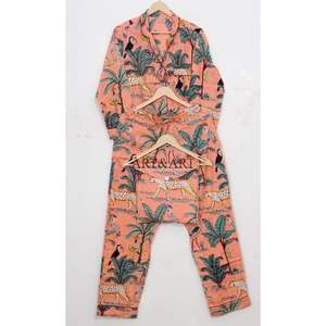 Pyjama unique en coton à col rabattu, imprimé jungle orange, chemise et pantalon à imprimé forêt, ensemble de nuit pour femmes - Product Image 5