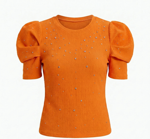 เสื้อถักแขนพองสีส้มสำหรับผู้หญิงพร้อมการตกแต่งด้วยไรน์สโตนทรงเข้ารูปคอกลมแขนสั้นสวมใส่ในฤดูใบไม้ผลิฤดูร้อน - Product Image 1