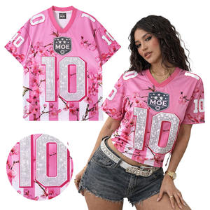 Maillot de football rose personnalisé unisexe, maillot Y2K scintillant, numéro personnalisé, graphique en strass, t-shirts à col en V, maillot de football américain - Product Image 1