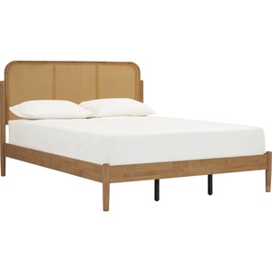 Modern Solid Wood <b>Bed</b> <b>Frame</b> with Synthetic <b>Rattan</b> Cane Headboard Minimalist Boho Chic Double <b>Bed</b> for Master Bedroom Furniture - Product Image 1