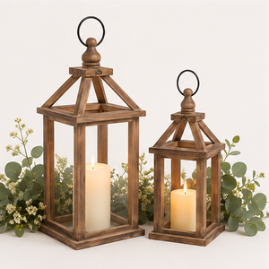 <b>Set</b> of 2 Farmhouse Wood Candle <b>Lanterns</b> Rustic Brown Decorative Wooden Candle Holders for Table And Outdoor Garden Decor - Product Image 4