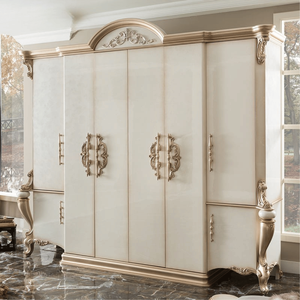 Elegante Armario Clásico Europeo de Caoba con Seis Puertas, Acabado Crema Marfil, Tallado Minimalista, Armario de Lujo para Dormitorio de Apartamento u Hotel - Product Image 1