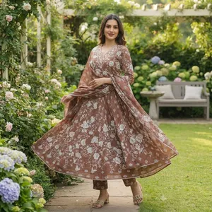 Conjunto de Kurta Anarkali con Estampado Floral Marrón para Mujer, Vestido con Cuello en V y Falda Acampanada con Dupatta, Ropa Tradicional Étnica para Fiestas - Product Image 4