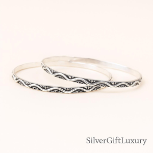 Oxidized Sterling Silver <b>Bangle</b> Set with Wavy Dot <b>Engraved</b> Kada Handmade Indian Tribal Bohemian Statement Jewelry for Women - Product Image 2