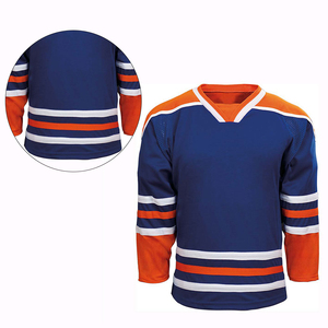 Maillot de hockey sur glace personnalisé pour homme, col en V, manches longues, sublimé, 100 % polyester, anti-humidité, rayures bleues, oranges et blanches - Product Image 6