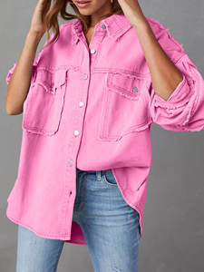 Pink Washed Distressed Frayed-Collar Loose Denim Jacket Streetwear Women's Long Sleeve Denim Jeans Jacket Men/Women Vintage - Product Image 3