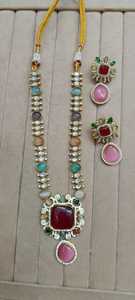 Conjunto de Collar con Colgante de Latón Chapado en Oro con Circonita Roja y Perlas de Imitación para Bodas y Fiestas, Estilo Étnico para Mujer - Product Image 2