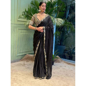 Saree de soirée de créateur avec belle broderie séquentielle et bordure en dentelle - Product Image 1